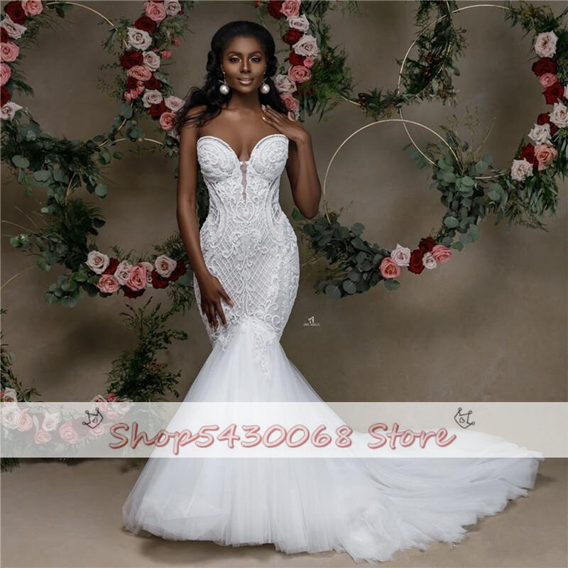 KapokDressy 아프리카 연인 인어 웨딩 드레스, 2023 최신 스트랩리스 레이스 비즈 웨딩 가운, 아플리케 신부 드레스
