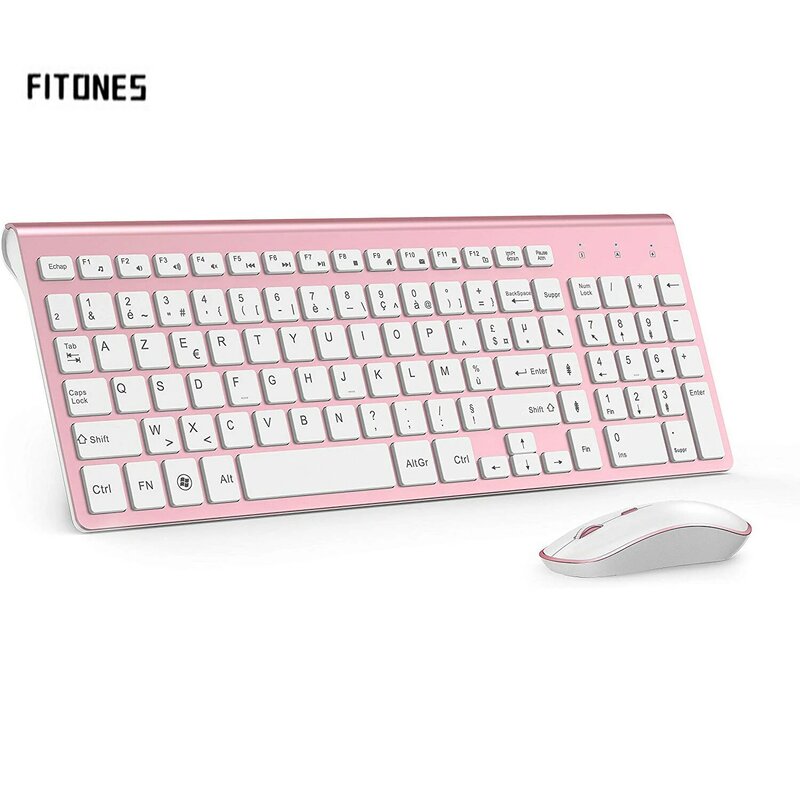 Wireless Keyboard  Mouse,French full-size design“AZERTY”French layout，Compatible with iMac Mac PC Laptop Tablet Computer .Pink