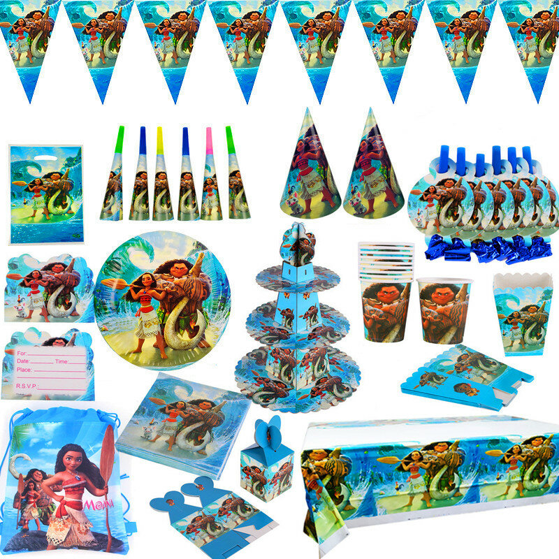 Z motywem Moana Cartoon imprezowa zastawa stołowa zestaw słomka do picia serwetki pudełko cukierków Banner flagi urodzinowe dekoracje dla dzieci dostaw