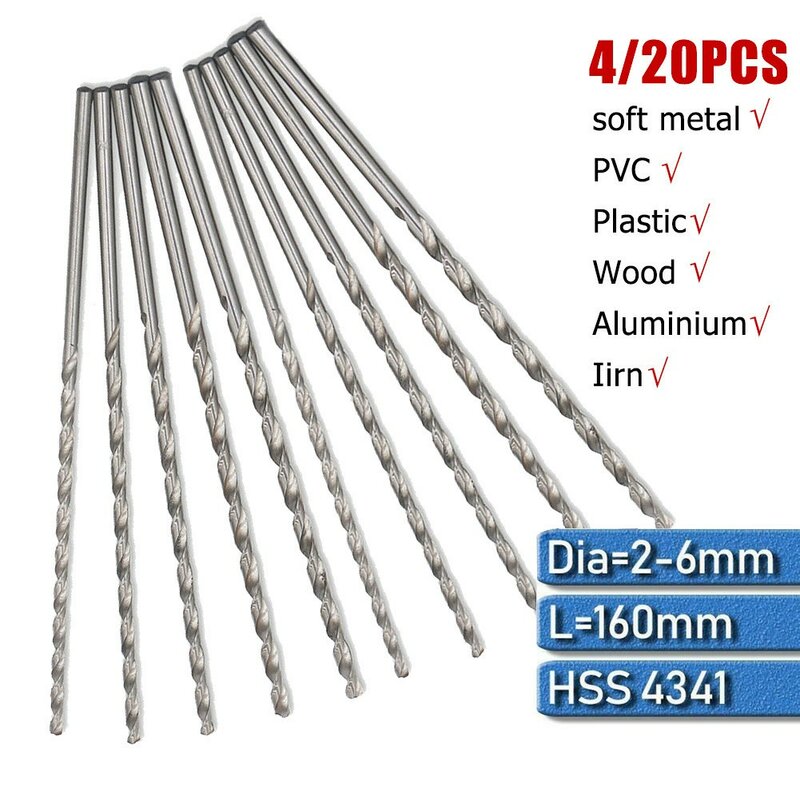 4/20 peças de broca bocados de perfuração de metal 160mm extra longa alta velocidade aço hss broca bits ferramentas elétricas acessórios