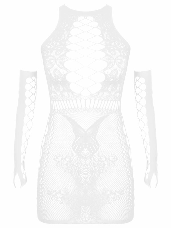 Womens Erotic Fishnet Dress Hollow Out Butterfly Bodycon Dress Lingerie Sexy Round Neck See-Through Clubwear with Oversleeve