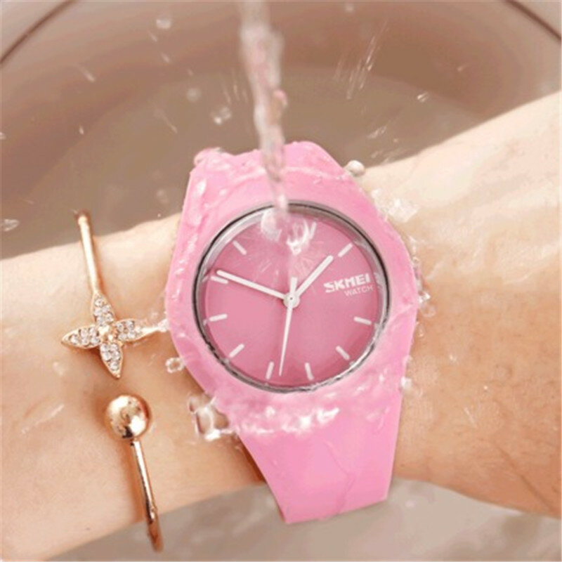 SKMEI 여성용 실리콘 스트랩 시계, 3Bar 방수 쿼츠 손목시계, 여성용 패션 캐주얼 시계, 여성 선물 9068