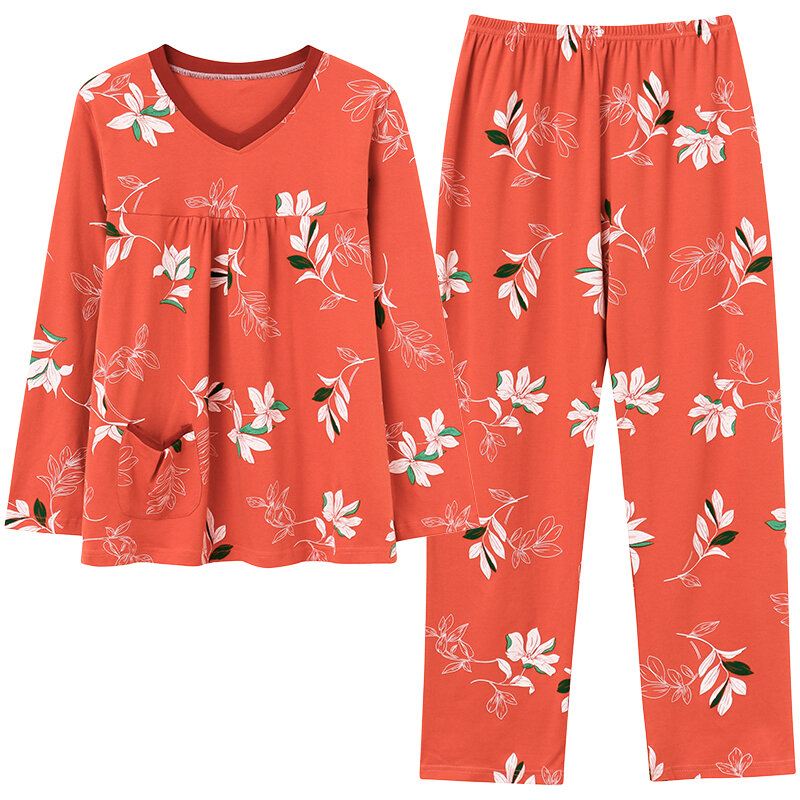 Chándal informal de manga larga para Mujer, conjunto de Pijamas con cuello en V, ropa de dormir de talla grande 4XL, camisón elegante con flores rosas, otoño