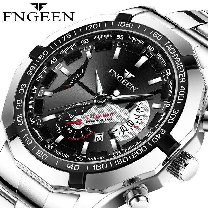 FNGEEEN-Relógio de quartzo impermeável de aço inoxidável masculino, moda banda, calendário relógio masculino, S001