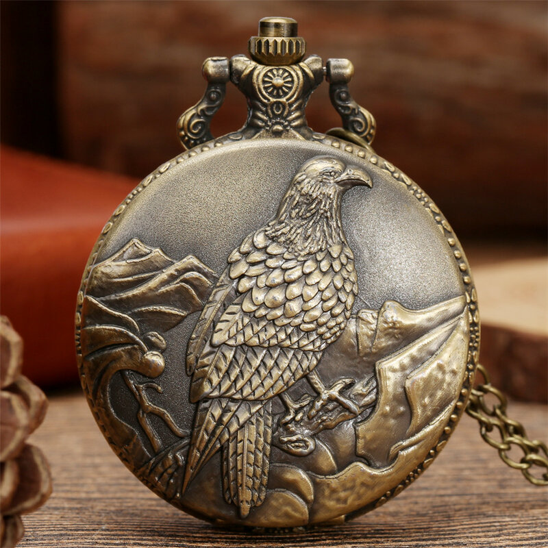 Vintage Old Eagle wyświetlacz kieszonkowy zegarek kwarcowy naszyjnik z brązu łańcuch wykwintne zegar kieszonkowy prezent mężczyźni kobiety Dropshipping