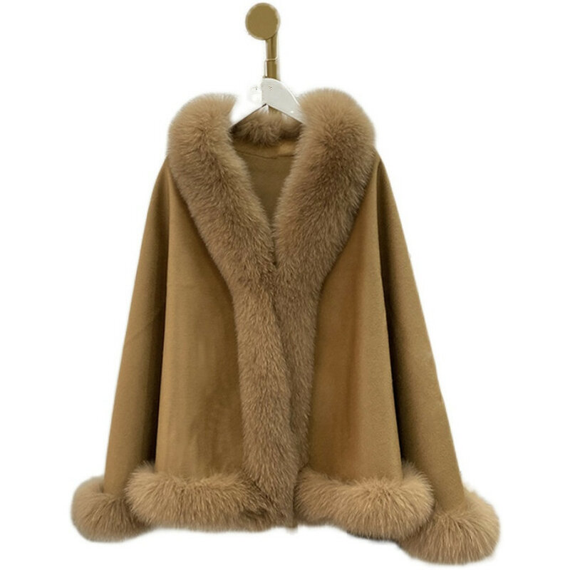 Capa de lana de oveja auténtica para mujer, chal de fiesta con cuello de piel de zorro auténtica, prendas de vestir de otoño e invierno