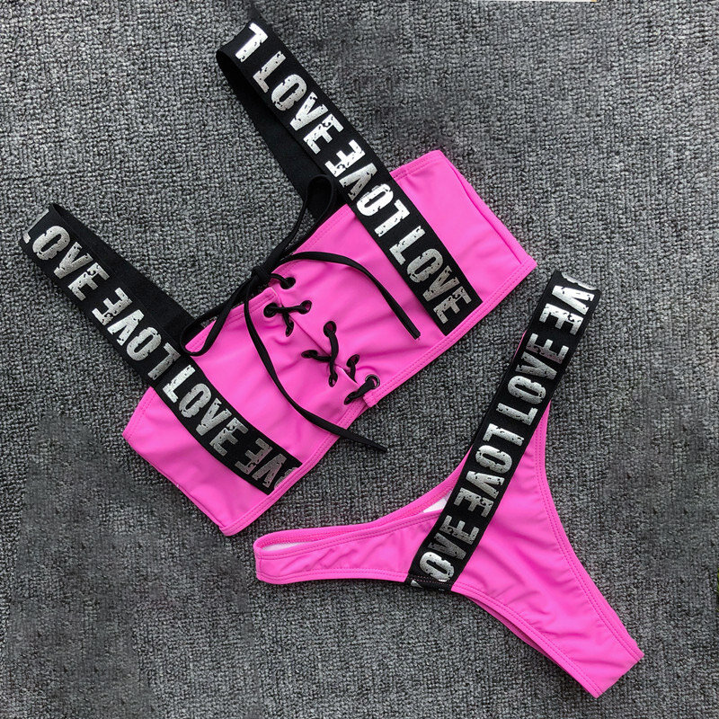 Lettre imprimer Mini string ensemble de Bikini 2019 femmes léopard push-up rembourré soutien-gorge bandeau Bikini grande taille Triangle maillots de bain maillot de bain