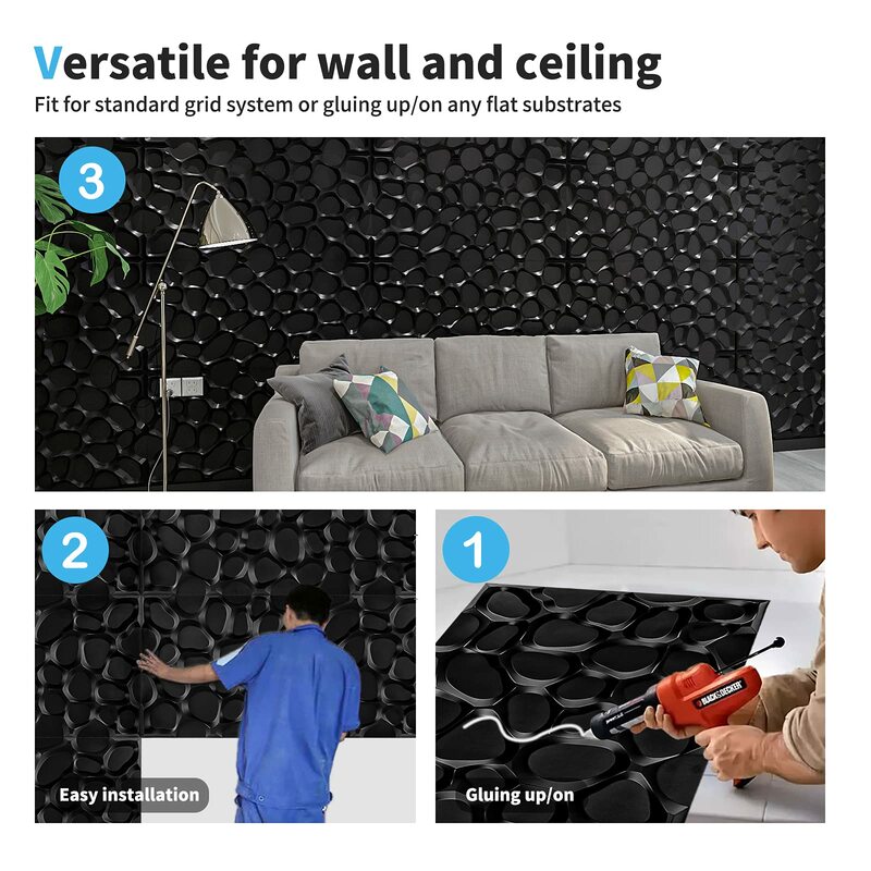Art3d 대형 PVC 3D 벽 패널 샌드핏, 거실 침실, 로비, 사무실, 쇼핑몰용 블랙, 60x120cm, 6 개