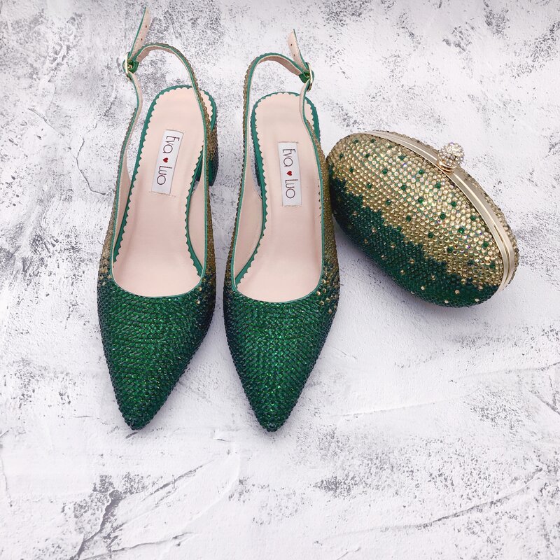 Bs1156 feito sob encomenda verde ouro cristal apontou toe sapatos com correspondência sacos conjunto estilintes bloco salto feminino sapatos de casamento nupcial