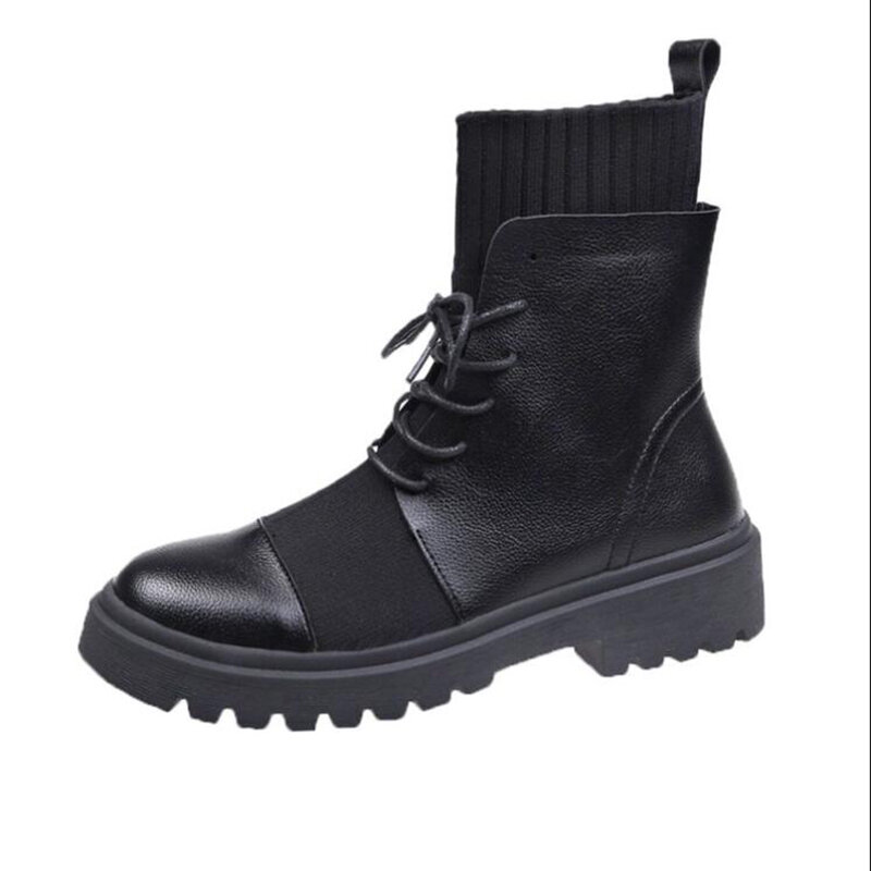 Spring Boots Women Shoes Woman Boots Fashion Flat Round PU Ankle Boots 2019 Spring Elastic Lace Black Boots Comfortable Boots