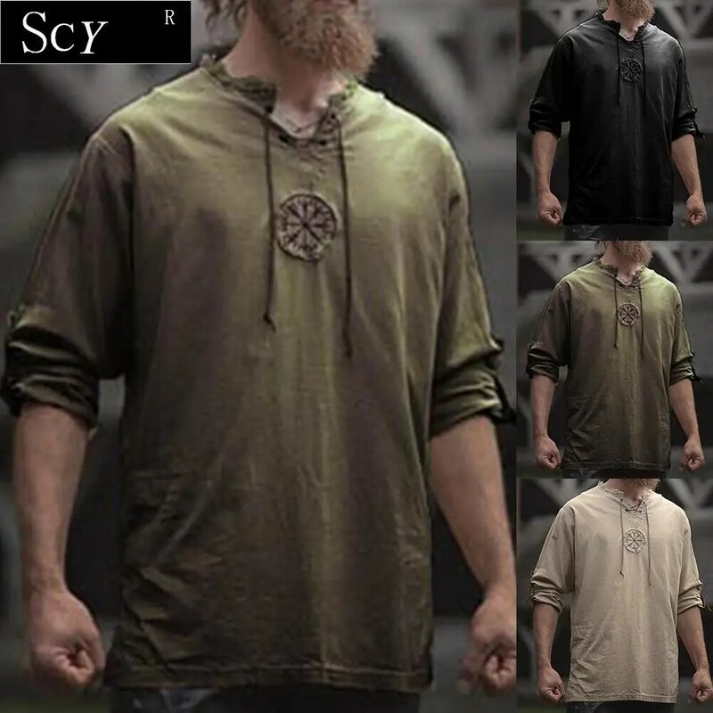 Mężczyźni koszula Plus Size Top starożytnych Viking haft Lace Up V Neck z długim rękawem koszula Top dla mężczyzn odzież