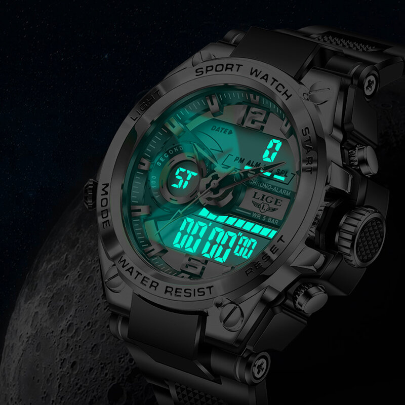 LIGE-디지털 남성 밀리터리 방수 손목시계, 50m, LED 쿼츠 시계, 스포츠 시계, 남성 빅워치, 남성용