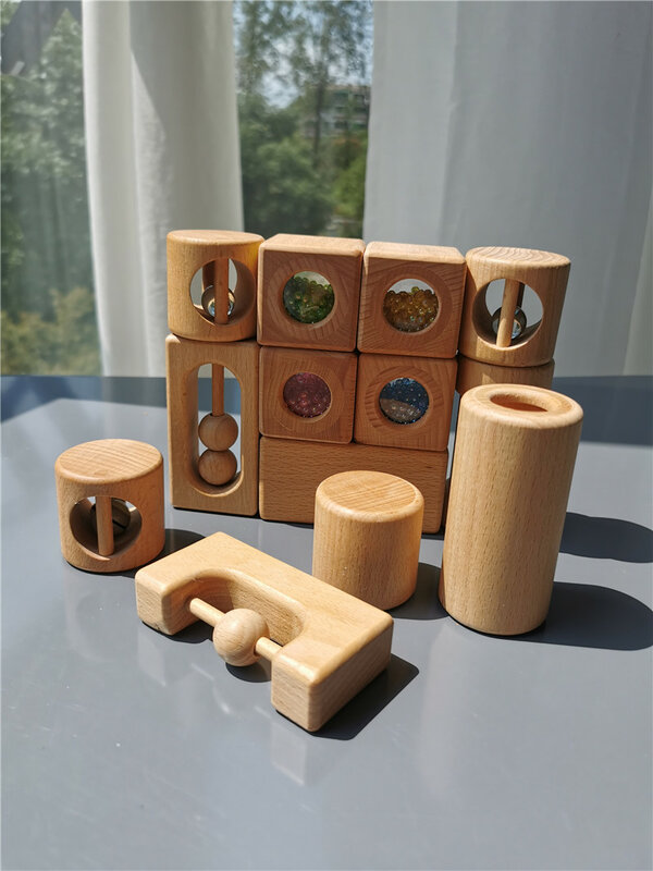 Juguete de madera Montessori para niños, sonajero sensorial de madera sin pintar, cuentas, campanas, canicas, música, creador de lluvia