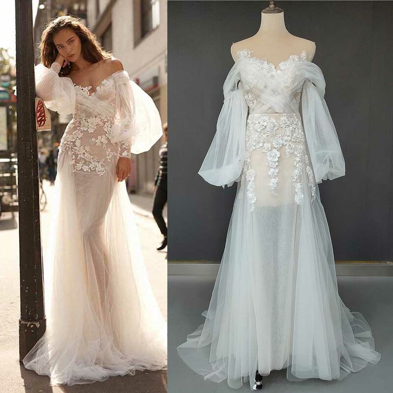 Off Shoulder 3D Floral Appliqued suknia ślubna w kratkę tiul Custom Made linia przezroczyste długie bufiaste rękawy suknie ślubne
