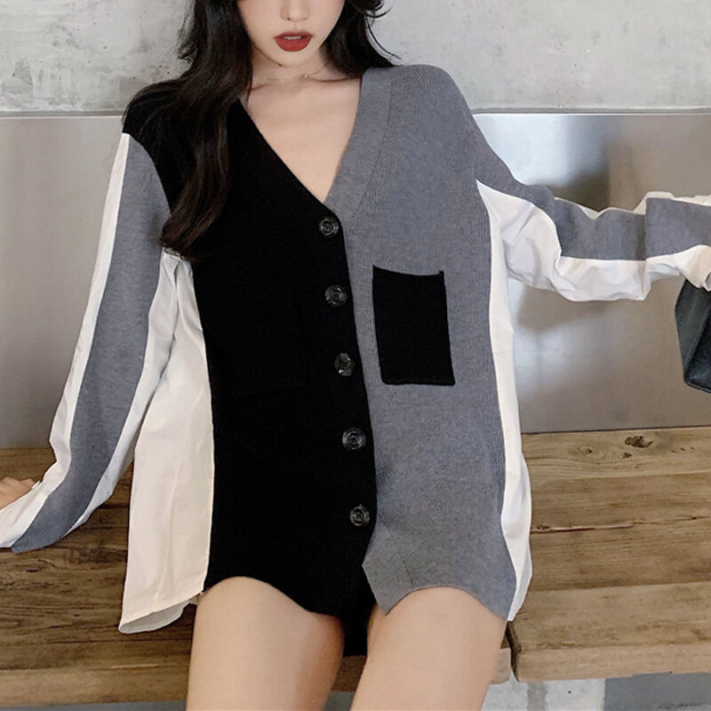 Women's sweaters spring autumn loose V-neck stitching sweater cardigan jersey mujer pull femme nouveaute 2020 punk jumper female