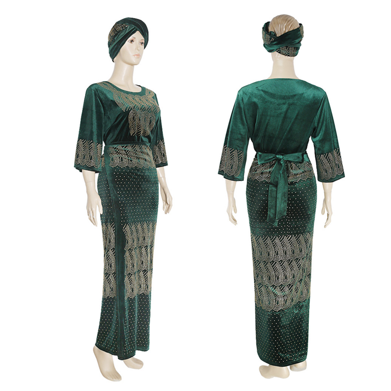 Gaun Beludru Ukuran Plus Pakaian Afrika Dashiki untuk Wanita Rok Atasan Set 3 Buah dengan Hiasan Kepala Jubah Gaun Pesta Maxi Panjang Wanita