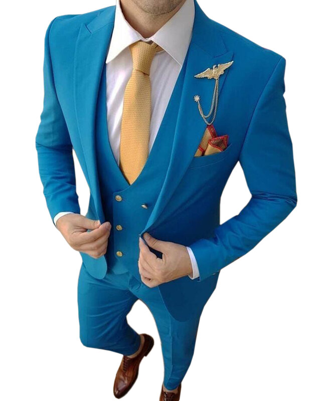 Formalne garnitury męskie niebieski 2020 Slim Fit wycięcie klapy garnitur pana młodego mężczyzna smoking Blazer ślub/garnitury na bal 3 sztuk (marynarka + kamizelka + spodnie)
