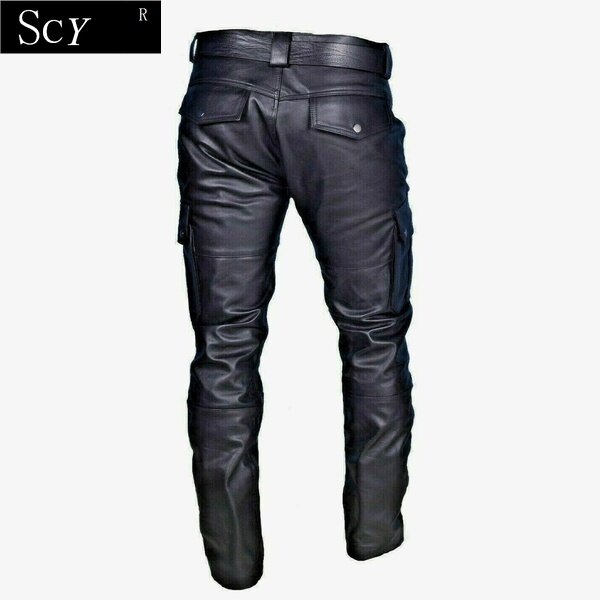 Pantalon de moto en cuir noir pour hommes, avec poches cargo, sans ceinture