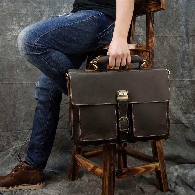 Luxury Fashion 100% Genuine Leather Men Briefcase Cow Leather Laptop Bag Vintage Shoulder Bag Real Cowhide Computer Bag 15.6"