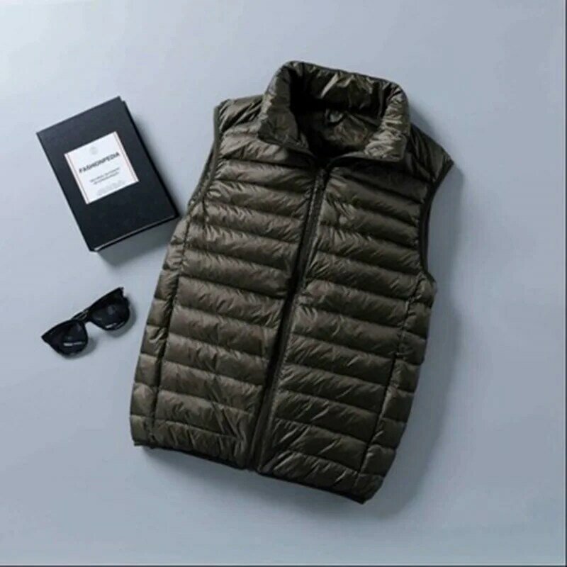 Chaleco de plumón de pato para hombre, chaqueta ultraligera sin mangas, con cuello levantado, a prueba de viento, para invierno