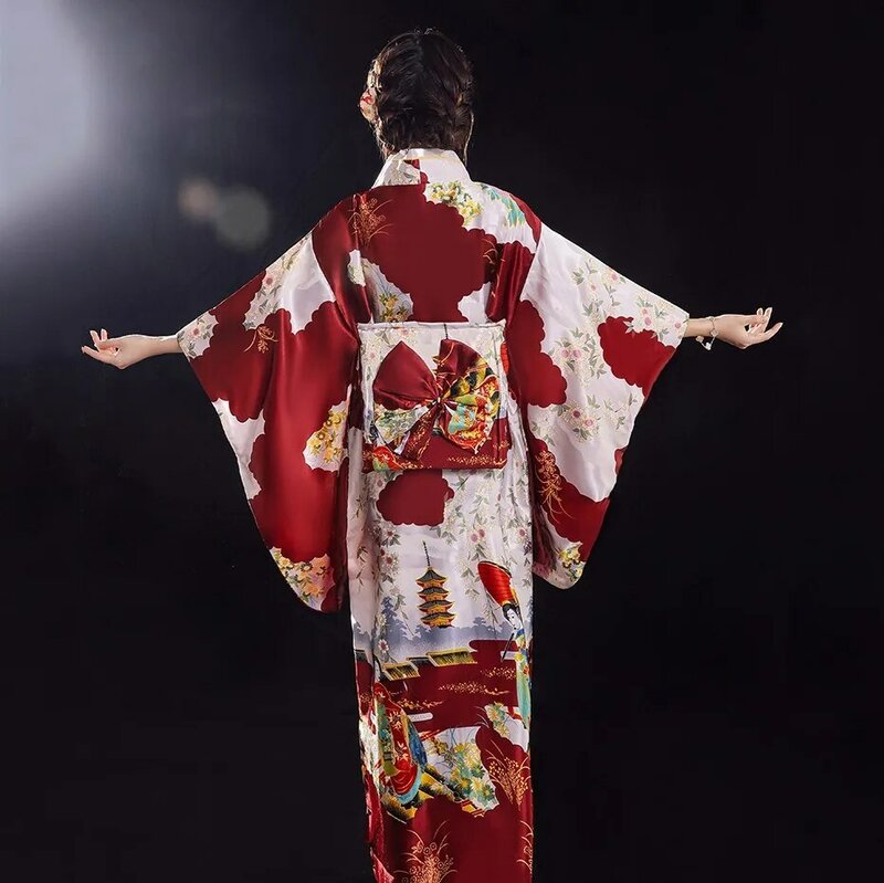 Japońska tradycyjna suknia Kimono z Obi drukuj kwiat przewiewne sukienki kostium kobiety panie gejsza Haori Yukata suknia Kimono garnitur