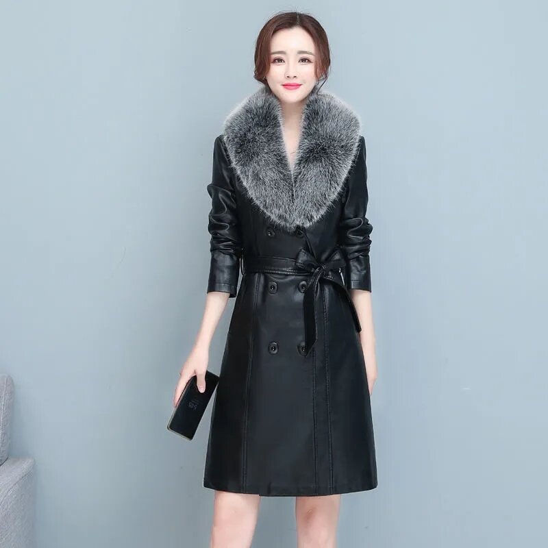 Куртка женская кожаная, облегающая, средней длины, с лацканами, в Корейском стиле, Осень-зима, 2021