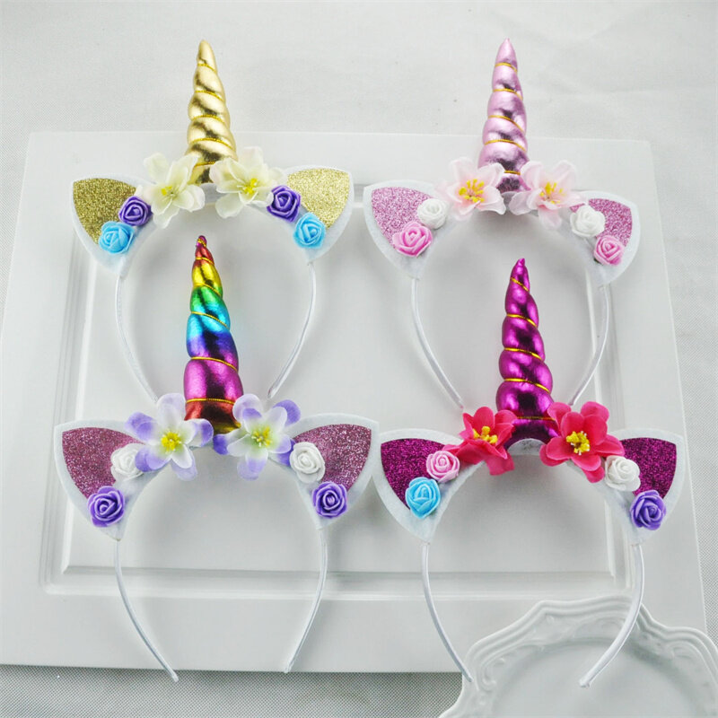 새로운 패션 아기 소녀 마법의 유니콘 머리띠 달콤한 꽃 유니콘 경적 헤어 밴드 생일 파티 꽃 모자를 쓰고 있죠