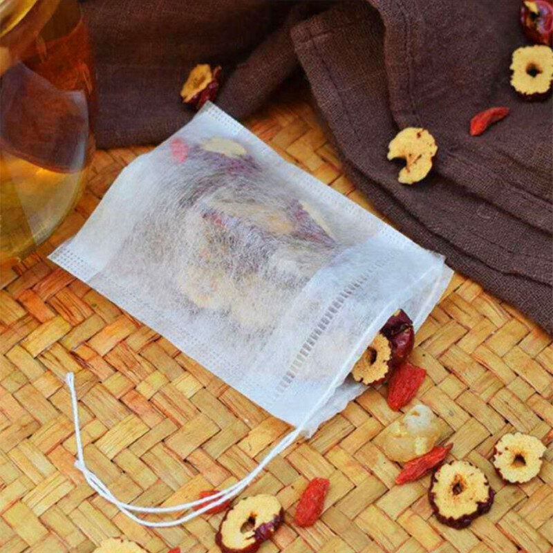 100 sacos de filtro de chá dos pces da tela do produto comestível não-tecido para o infuser do chá da especiaria com a corda cura filtros da especiaria do selo teabags