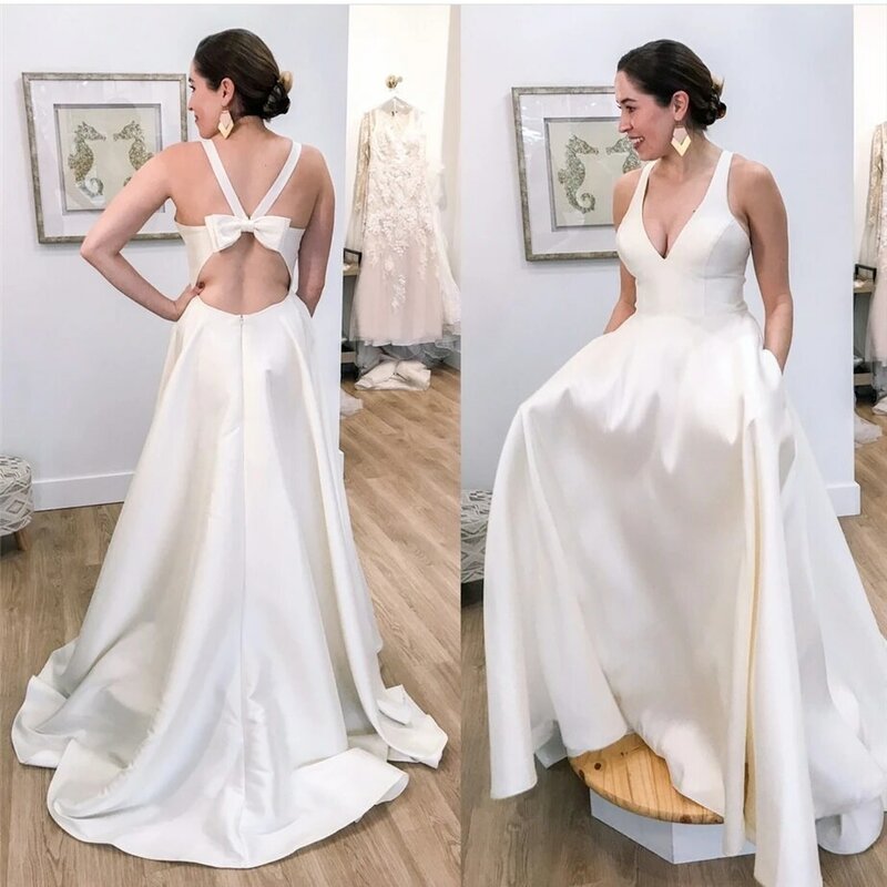 Einfache Hochzeit Kleid A-Line V-ausschnitt Tank Bogen Backless Satin Ärmellose Bodenlangen Sweep Zug Braut Kleid Tailor Made Neue