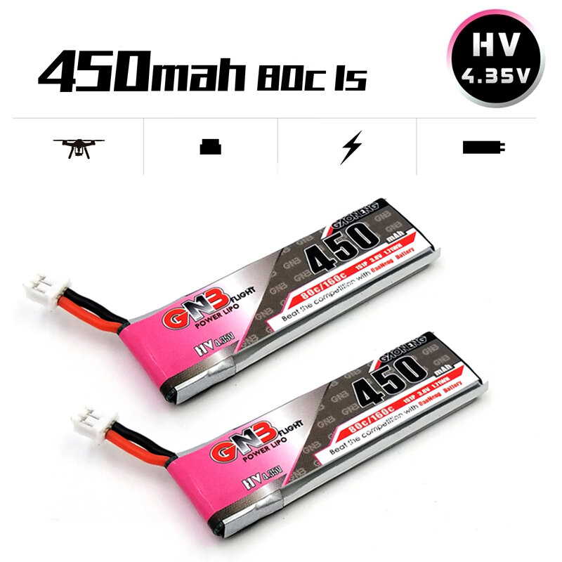 Batería LiPo GNB 1S 3,8 V HV 4,35 V 450mAh 80C/160C con enchufe PH2.0 para Dron RC FPV M80S Tiny7 Beta75S Emax Tinyhawk Snapper7