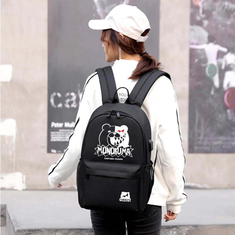 Mochila Anime para meninos e meninas, Dangan Ronpa Monokuma Schoolbag, bolsa de viagem de ombro preto, bolsa de trabalho, bolsa de lazer, bolsas de moda