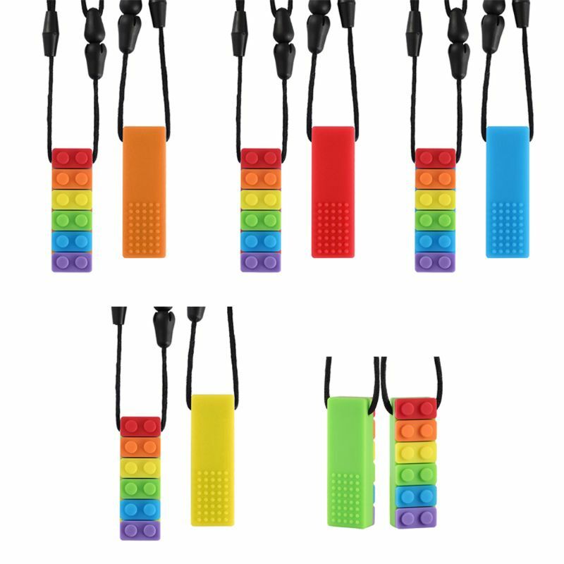 1PC Rainbow Brick Robot Skull Chew Necklace Autistic Baby Silicone Teether Autism Sensory Chewy Toys