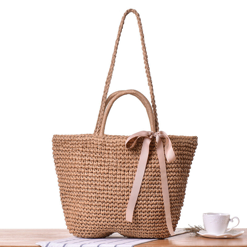 Bolso de mano con lazo bohemio de 32x22CM, bolsa de paja de doble uso para vacaciones en la playa, bolsa tejida, a7166