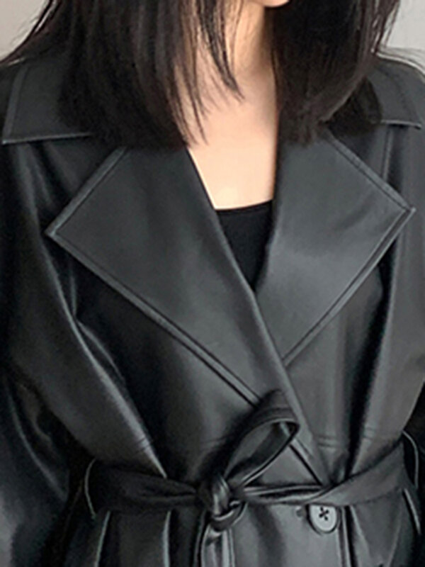 Lauraro Jas Hujan Kulit Hitam Ukuran Besar Panjang Musim Semi Musim Gugur untuk Wanita Ikat Pinggang Satu Kancing Longgar Bergaya Korea Fashion 2021
