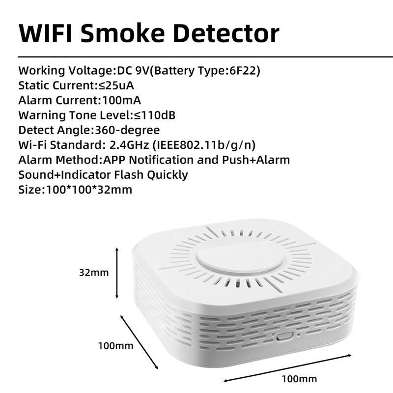 Tuya inteligente wifi detector de fumaça, segurança segura sensor de alarme de fumaça, proteção contra incêndio, sem necessidade de hub, controle remoto por alexa casa do google