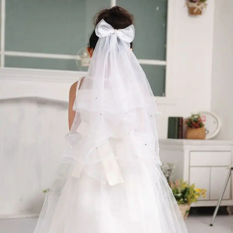Kerudung Pernikahan Anak Perempuan Bunga Lapisan Ganda Buatan Tangan Kostum Ikatan Simpul Berlian Imitasi Lucu