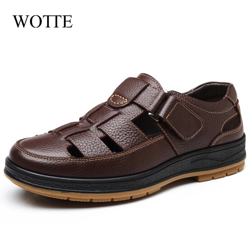 WOTTE-Sandales classiques en cuir véritable pour homme, chaussures décontractées, confortables, solides, pour l'extérieur