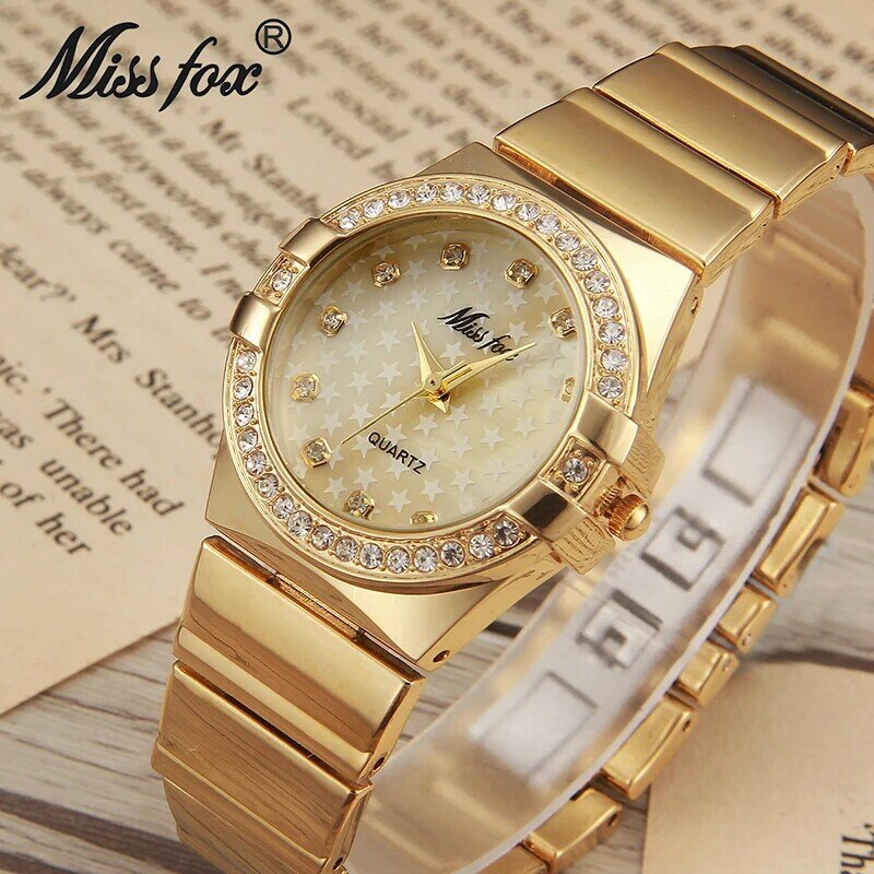 Missfox relógio de pulso de ouro feminino, relógio de pulso dourado com strass, moda feminina dourado e super star