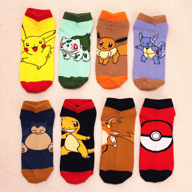 12 Styles pokemon go Cosplay prop accessories Charmander Psyduck Squirtle Pikachu eevee socks Printed Cartoon Ankle Socks
