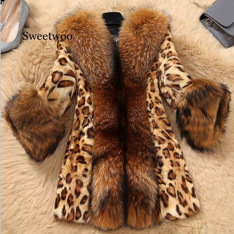 Frauen Faux Kragen Jacke Leopard Medium Langen Mantel Jacke Lange Hülse Outwear Beiläufige Lose Mantel Warme Mäntel Herbst Winter 2020