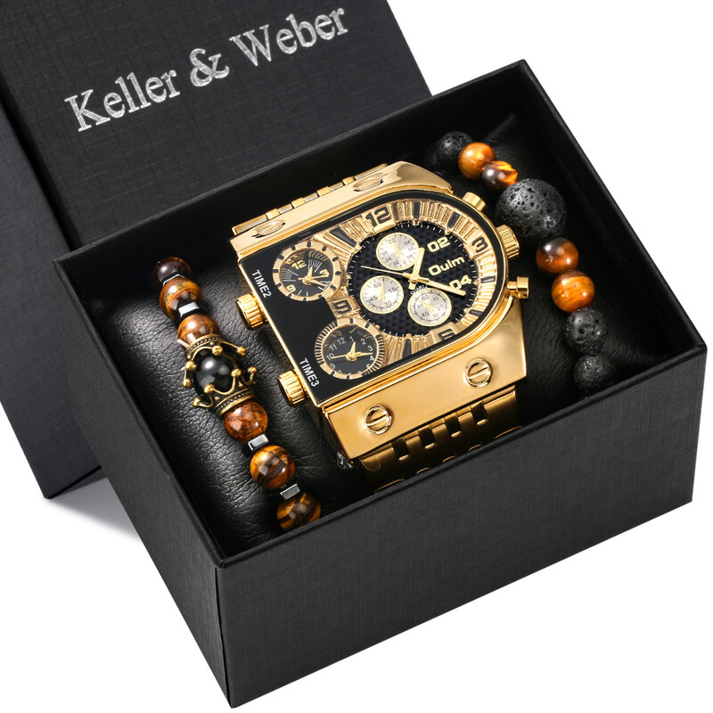 Reloj de pulsera de cuarzo para hombre, conjunto de caja de regalo, militar, esfera grande, de lujo, de acero inoxidable, dorado