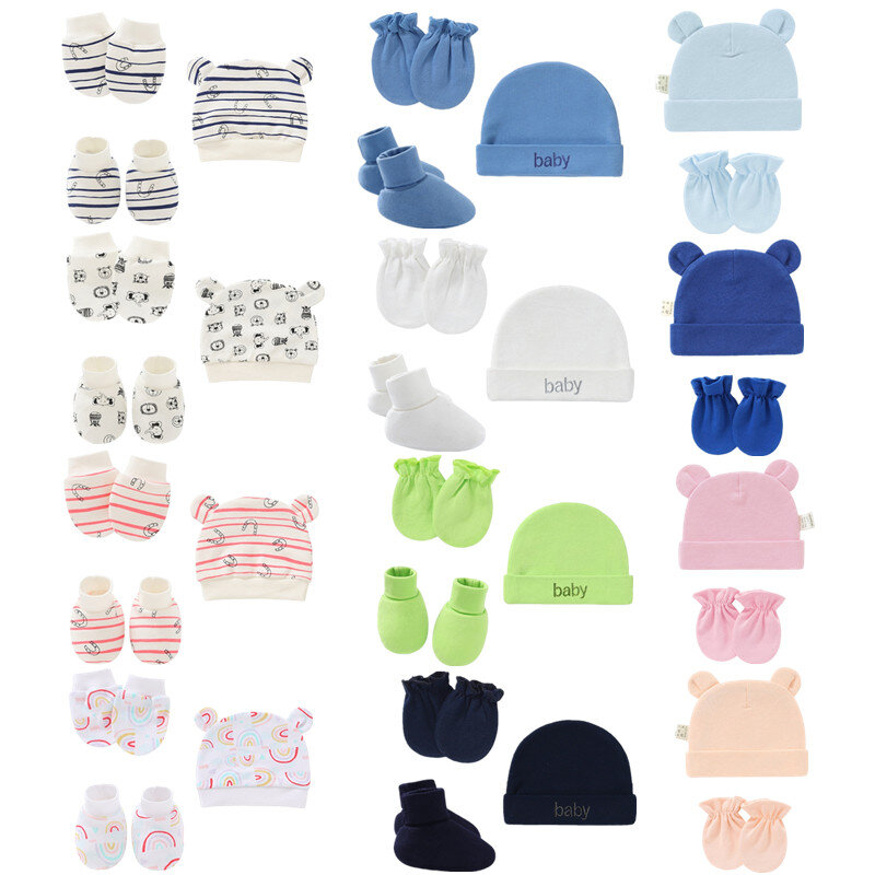 부드러운 긁힘 방지 코튼 아기 장갑, 신생아 장갑 + 모자 + 발 커버 세트, 따뜻한 보닛 비니 모자, 양말, 베이비 샤워 선물