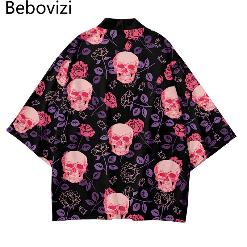 สีชมพู Rose Skull พิมพ์เสื้อคลุมฮาโอริแฟชั่นญี่ปุ่น Kimono Kimetsu ไม่มี Yaiba Robe Cardigan เสื้อผู้ชาย Yukata เสื้อผ้า