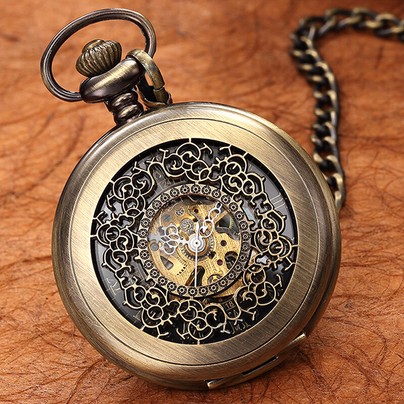 Reloj de bolsillo mecánico de bronce antiguo para hombres y mujeres, Clip colgante luminoso, Steampunk, esqueleto, cadena Fob