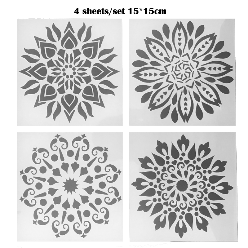 Sjabloon-Plantilla de Mandala para pintar, 15x15cm, para álbum de recortes, diario, sello, para colorear, decoración en relieve, reutilizable, 4 Uds.