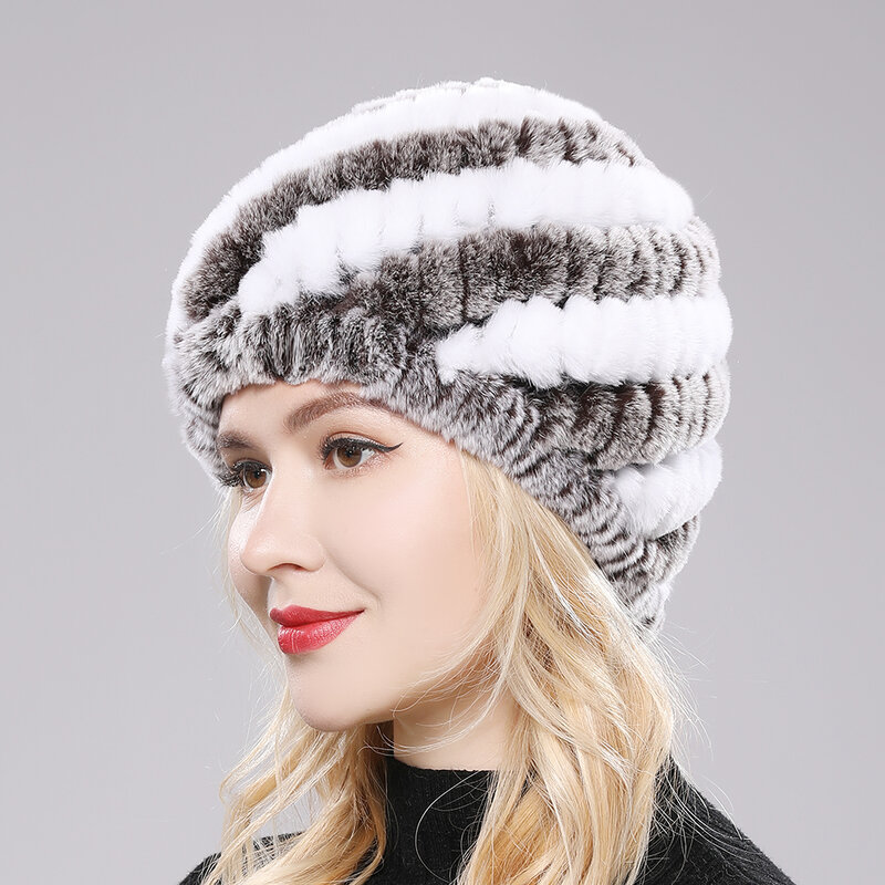 Chapéu de pele de coelho real rex para mulheres Gorros de caveira boné de neve fofo natural, chapéus de malha para meninas inverno quente