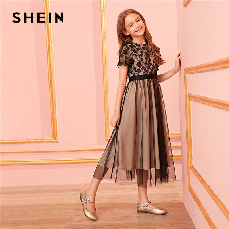 SHEIN Kiddie aplikacje Mesh Sheer nakładka Party Dress Kids 2019 jesień z krótkim rękawem kontrastowa koronka poszerzane, długie sukienki dla dziecka