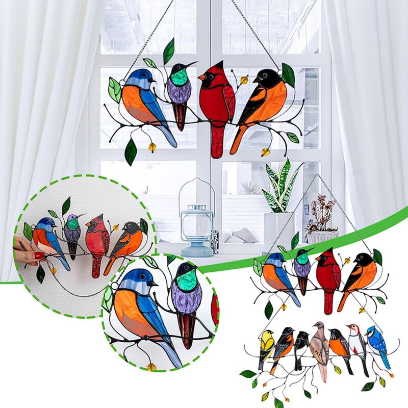 Multiwarna Burung Pada Kawat Kaca Patri Tinggi Suncatcher Jendela Panel Liontin Buatan Tangan Dicat Burung