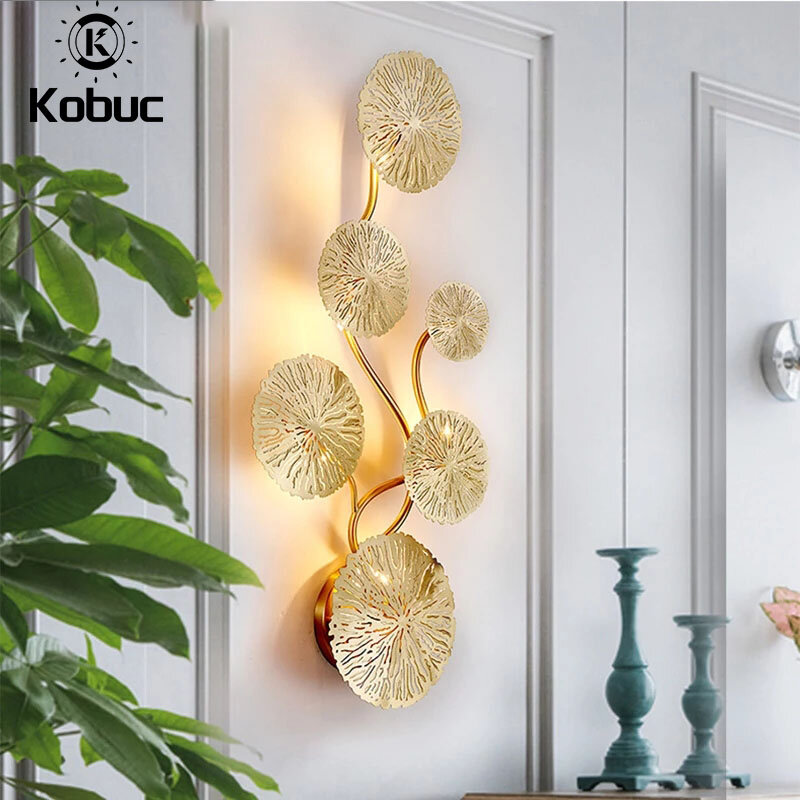 Kobuc retor銅光沢ゴールドシルバー蓮の葉ウォールランプヴィンテージベッドサイドウォールランプリビングルームアート装飾ホームG4照明壁燭台