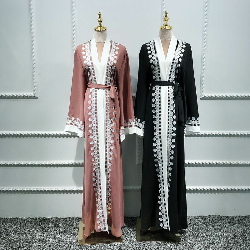 Wepbel Embroidered Cardigan Lace Up Dubai Muslim Abaya Women Long Sleeve Middle East High Waist Robe Islamic Clothing